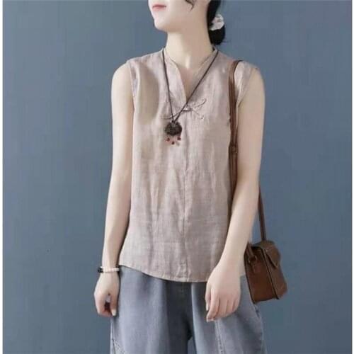 Casual sleeveless Print Loose Shirts Women Cotton and Linen Blouses and Tops Vintage Streetwear Plus Size 2XL Tunic