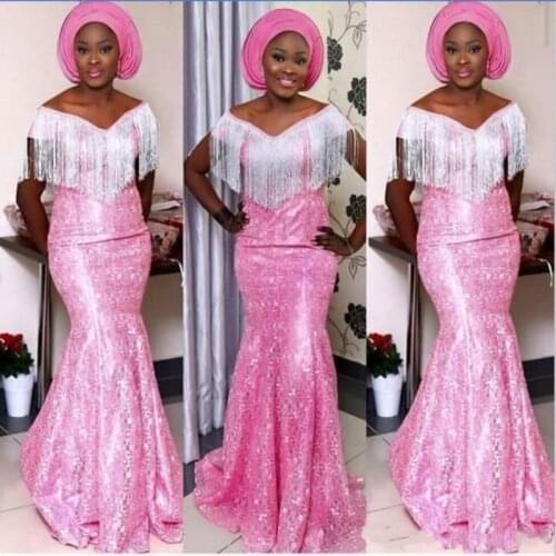 Pink Prom Dresses Crystals V Neck Custom Made Appliques Lace Evening Gowns African Woman Wear Party Dress robe de soiree