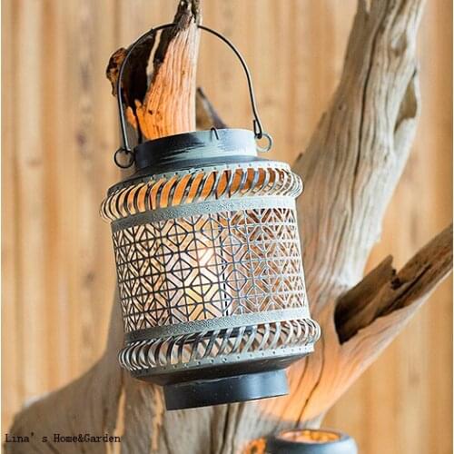 Handcraft Brown White Vintage Retro Pierced Metal Hurricane Candle Lantern