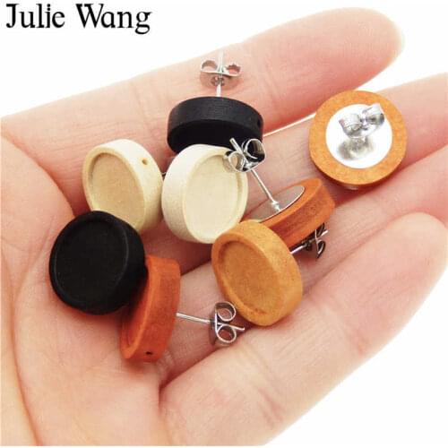 Julie Wang 4 Pairs Wood Cabochon Earring Base Settings Blank Bezel Tray Stud Earrings Jewelry Making Accessory Inner Size 12mm