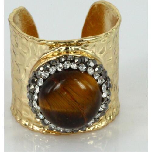 Rhinestone paved tiger eye stone bead charm wrapped adjustable wide open hammered gold ring cuff for woman man