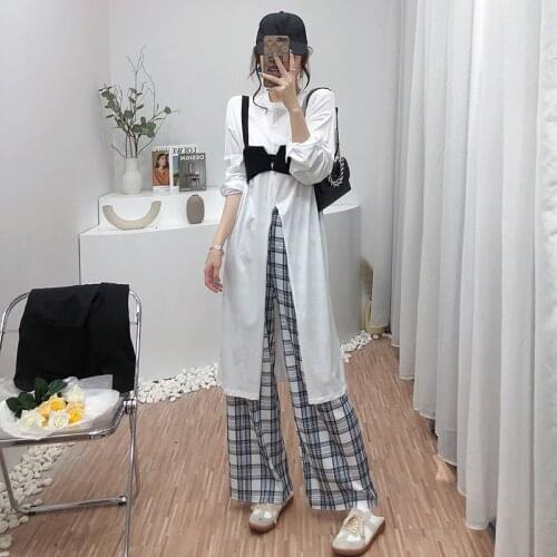 Spring Summer 2021 New Fashion Loose Long Sleeve Round Neck Solid Color Split Long T-shirt+ Black Camisole Y2k Top