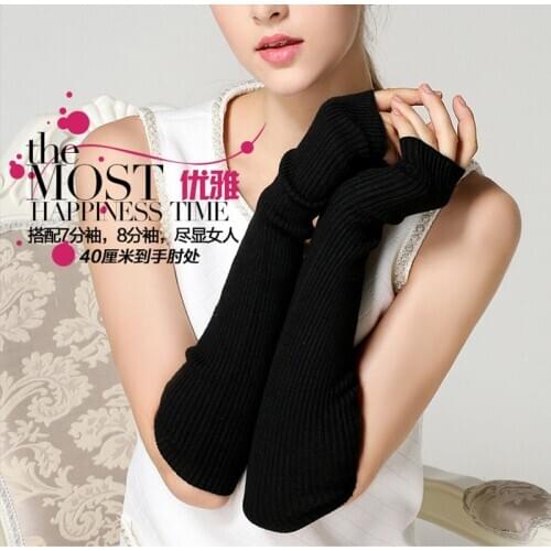 Women Autumn Winter Arm Warmers Cashmere Fingerless Long Gloves Solid Warm Mittens Elbow Thread Knitted Sleeves 40cm Glove