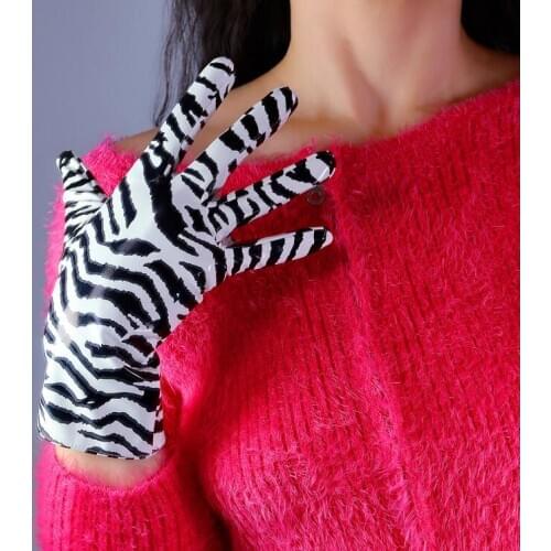 Womens runway fashion zebra stripe print faux pu leather long gloves female sexy white black striped glove 28cm R2687