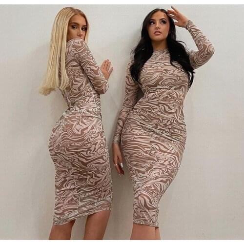 Women Long Sleeve Print Zebra Pattern Maxi Dresses Sexy Mesh See Through Evening Party Dresses Lady Slim Skinny Pencil Dress