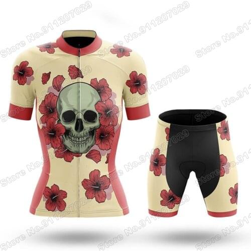 2021 Flower Skull Women Cycling Jersey Set Summer Clothing Road Bike Shirts Suit Bicycle Bib Shorts MTB Wear Maillot Ropa