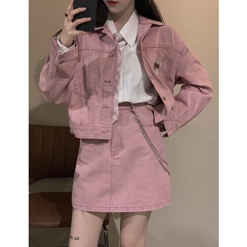 Retro Pink Suit Skirt Female Autumn New Korean Style Short Coat + Chain Design Short Skirt Two-piece Large Size Female Suit