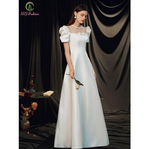 SSYFashion New French Elegant Evening Dress White Satin Simple Puff Sleeve A-line Long Prom Formal Gowns for Women Vestidos