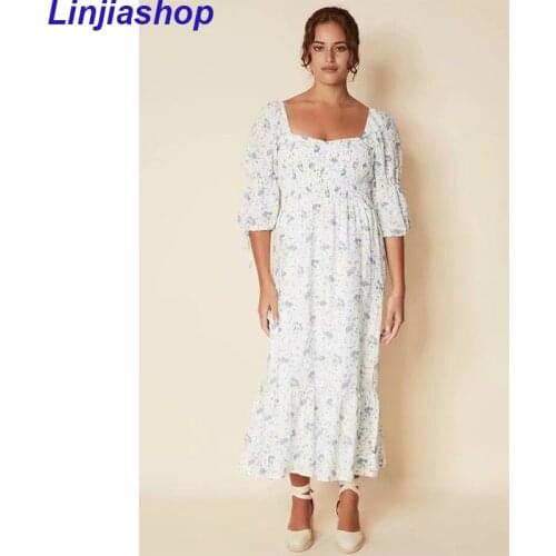 Womens Clothing Fashion Dresses Elegant Chic Floral Print Dress Elastic Back Square Collar Vintage Mid-Calf Dress