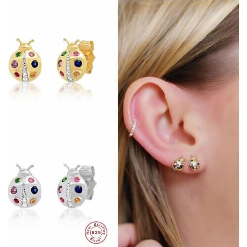 GS 925 Sterling Silver Colorful Ladybug Stud Earring Cute Rainbow Insect Animal Ear Stud For Women Girls Child Gifts Jewelry