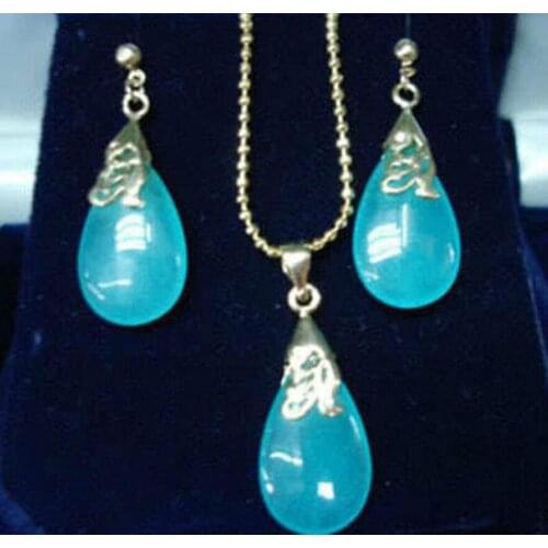 Free Shipping Natural blue drop jade pendant necklace & earrings set