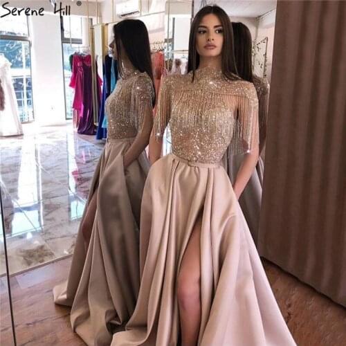 Dubai Gold High Neck Sparkle Evening Dresses 2020 Latest Design Sleeveless Tassel Beading Evening Gowns Serene Hill Ⅱ DLA60998