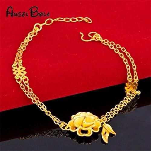 24k Gold Color Bracelet Fashion Rose Flower Charm Alluvial Gold Bracelets for Women Top Quality Adjustable Bracelet No Fade