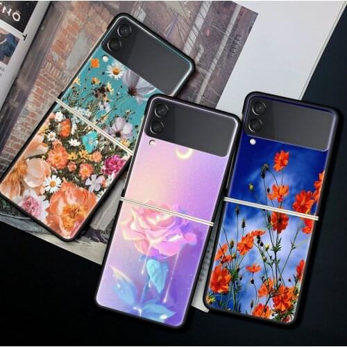 For Samsung Galaxy Z Flip 3 5G Case Luxury Matte Black Hard Phone Cover ZFlip 3 Shockproof Fundas Shell Beautiful Rose Flowers