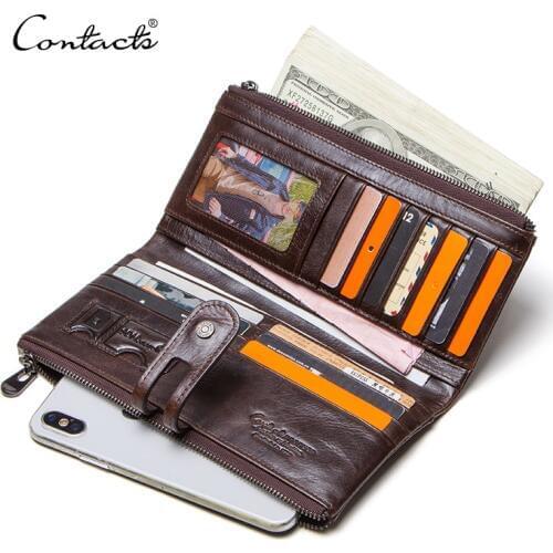 CONTACTS men clutch hot sale genuine leather long wallet male coin purse zipper money bag for iphone8 portemonnee mens walet