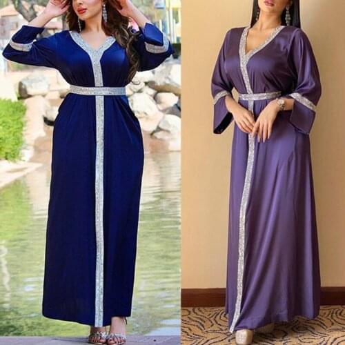 Women Muslim Satin Maxi Dress Rhinestone Belted Waist Turkey Arabic Long Robe V-Neck 3/4 Sleeves Islamic Ethnic Kaftan