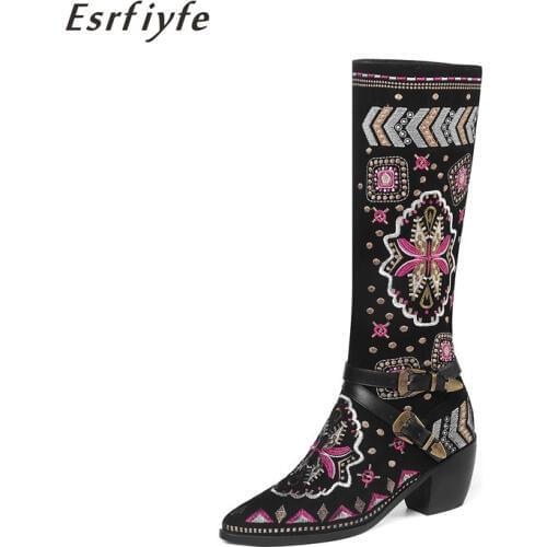 ESRFIYFE 2020 New Print Leather Winter Boots Womens Knee High Boots Pointed Toe Block High Heels Long Boots Black Boots Shoes