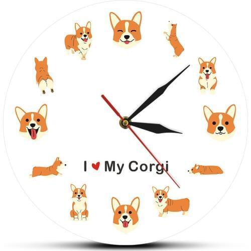I Love My Welsh Corgi Dog Breed Cartoon Puppy Design Modern Wall Clock Adorable Doggie Pet Wall Watch Corgi Lovers Home Decor