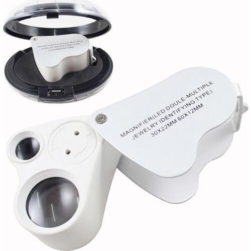 30X 60X Double Lens Crafts Appreciation Pocket Magnifier with 2 LED Lights, Antique Collection Jewelry Handheld Magnifier