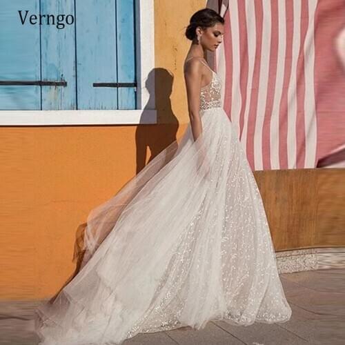 Verngo 2021 Lace Applique Boho Wedding Dress Sexy Spaghetti Straps Side Slit Glitter Tulle Backless Bridal Gowns Custom Made