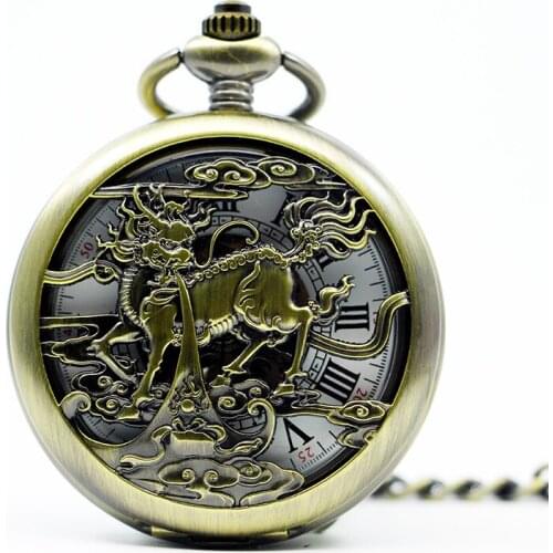 Retro Mechanical Pocket Watch Men Horse Pattern Quartz Watch Vintage Chain With Necklace Gift PJX1280