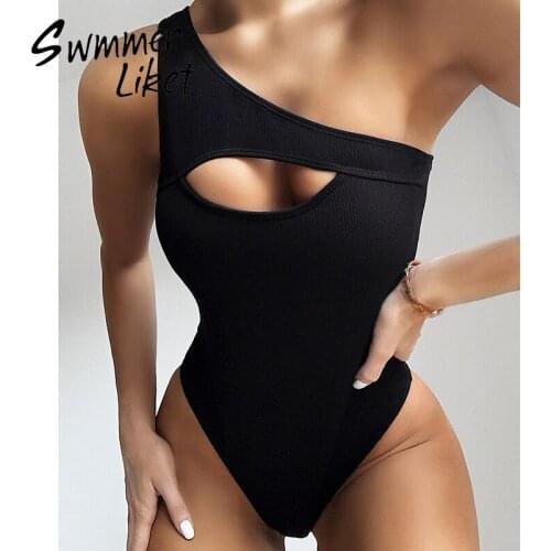 One shoulder monokini Hollow out swimwear women Ribbed one piece swimsuit female Sports bathing suit bodysuit Vintage beach wear