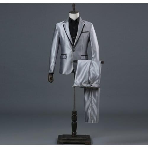 Men Notched Lapel Suit Jacket and Pants Set Wet Look Groom Wedding Prom Dress Costume Striped Suit Long Sleeve Suit 903-B312