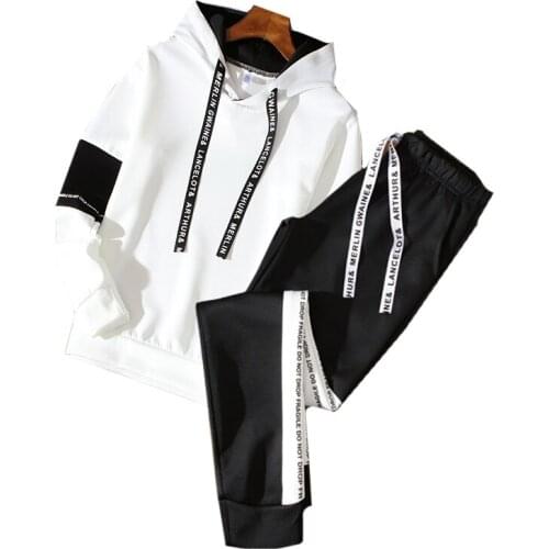 Men Casual Hooded Sweatshirts Two Piece Sets Jogger Gym Pants Drawstring with Pockets Trousers Solid Long Sleeve Crewneck T-shir