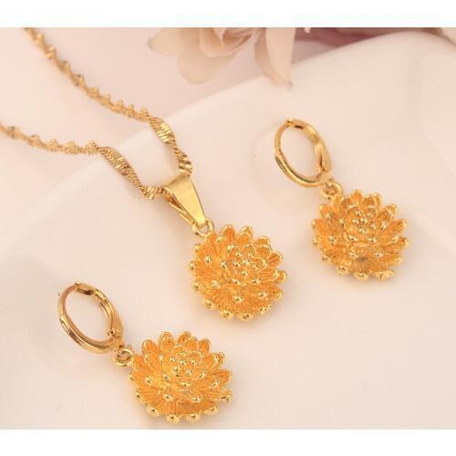 Bangrui Ethiopian Gold Color Flower set Jewelry Pendant Chain Earrings African Bride Wedding Flower Bijoux