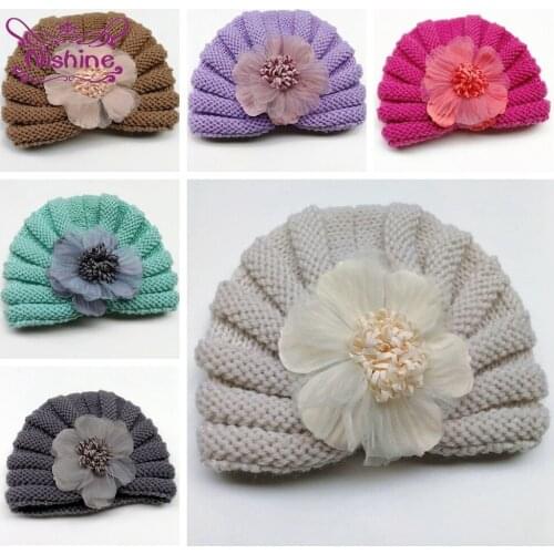 Nishine Lovely Handmade Net Yarn Flowers Newborn Hats Fashion Warm Knitting Wool Caps Baby Girls Headwear Kids Photography Props