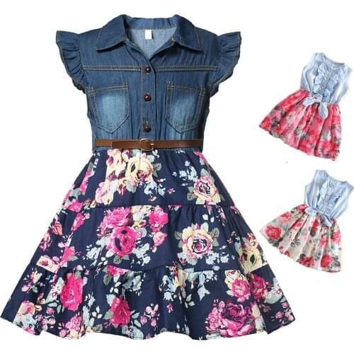2021 New Girls Denim Floral Belt Belt Dress Summer Party Children Girls Baby Short-sleeved Casual Fashion Childrens Wear