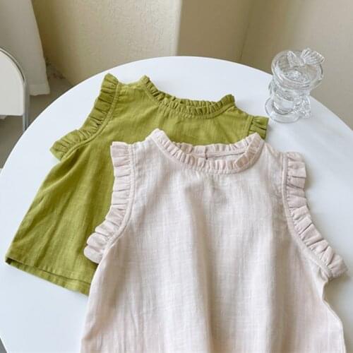 2021 Summer New Korean Style Baby Girls Cotton Linen Blouses Sleeveless Ruched Tops Pure Color Kids Shirts