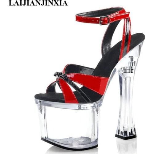 LAIJIANJINXIA New Patent leather 18 Cm Super High Heeled Shoes Big Size Thick Platform Buckle Strap Open Toe Women Sandals