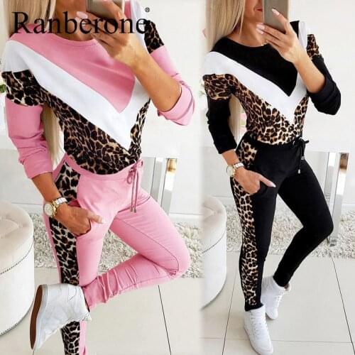 New Tracksuit Wives 2 Piece Set Woman Outfits Leopard Print Patchwork Long Sleeve Top And Pant Casual Female Plus Size 3XL Suit