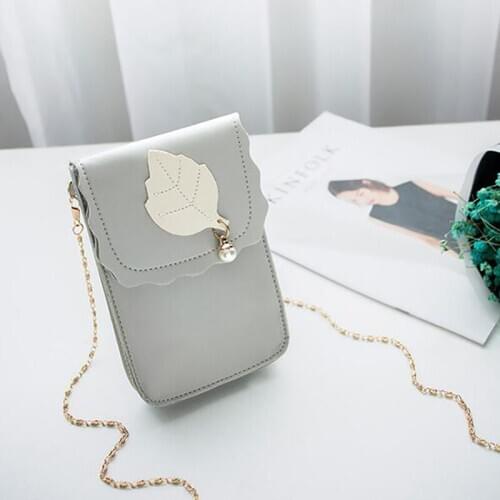 Women Pu Leather Mini Cell Phone Bag Shoulder Pocket Pouch Case Chain Strap Cute Pearl Leaf Decoration Lady Messenger Bag