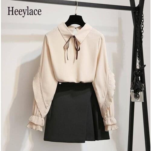 2020 autumn sets Women Clothes bow collarTwo Piece Sets Women Casual Ruffles Blouse + Mini Skirt Suits Femme Fashion Slim Outfit