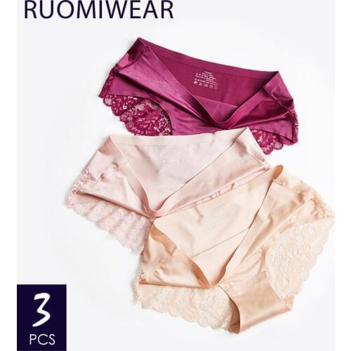 RMW 3 pcs Seamless Womens Underpants Nylon Silk Stretching Underwear For Ladies Cotton Crotch Transparent Tanga Bikini Lingerie