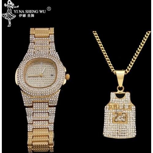 Luxury Men Gold Rhinestones Watch Hip Hop Watch & Pendant Necklace Combo Set Iced Out Cuban Brand 23 Number Pendant For Men Gift