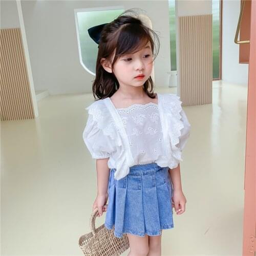 2-7 Y Baby Girls Shirt Tops Summer New Kids Korean Puff Sleeve White Blouse Childrens Clothing Casual Ruffle Blouse For Girls