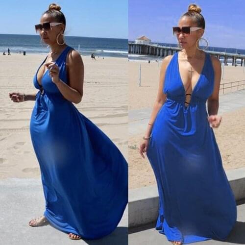Open Back Sexy Formal Women Dress Sexy Sleeveless Chian Ring Maxi Dress Deep V Evening Party Long Dress