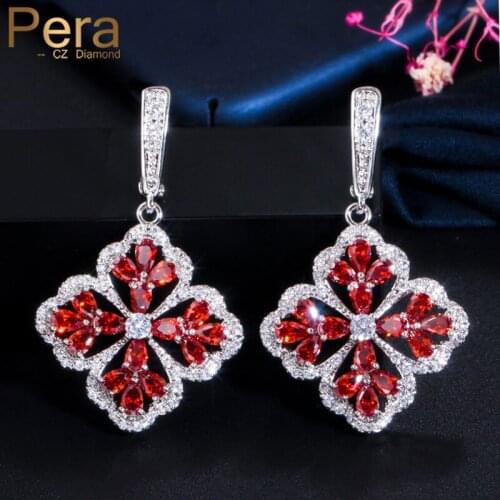 Pera Trendy Big Snowflake Shape Drop Long CZ Dark Red Crystal Flower Dangle Earrings for Women Fashion Jewelry Accessories E571