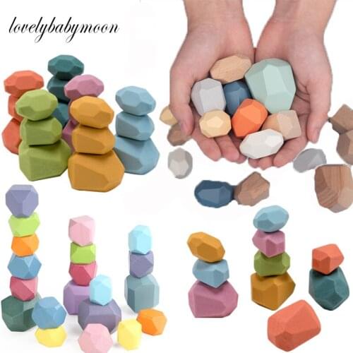 Baby Toy Wooden Jenga Building Block Colored Stone Creative Educational Toys Nordic Style Stacking Game Rainbow Stone Wooden Toy