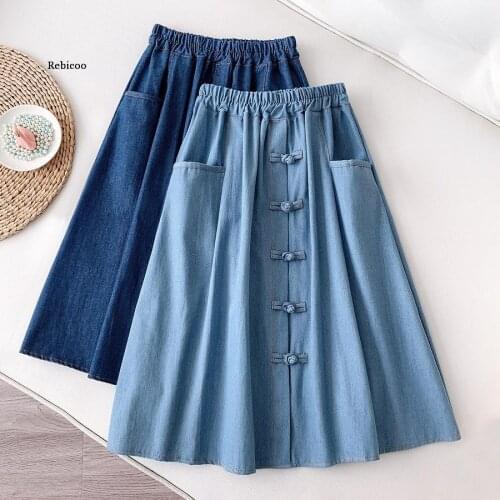 Vintage Denim Midi Skirt Women Spring Summer a Line High Waist Knee Length Jeans Skirt Female with Pocket School
