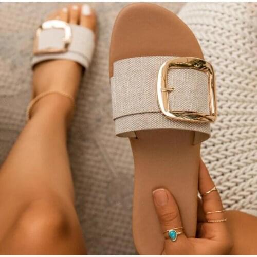 Womans Shoes Women Metal Decoration Slippers 2021 Summer Outdoor Flat Beach Fashion Square Toe Female Slides Laides Slippers