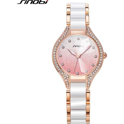 SINOBI Women Watches Rhinstone 30 MM Rose Gold Dial White Strap Montres Femme Japanese Quartz Movement Luxury Relogio Feminino