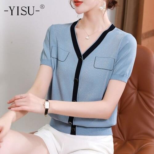 YISU 2021 College style Women Cardigan V-Neck Pocket Cardigan Coat Short sleeve Sweater Summer Tops Thin Casual Knitted Coat