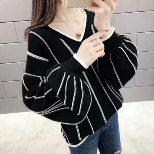Women New Knitted Sweater Loose Fashion V Neck Striped Pullover Femme Lady Top
