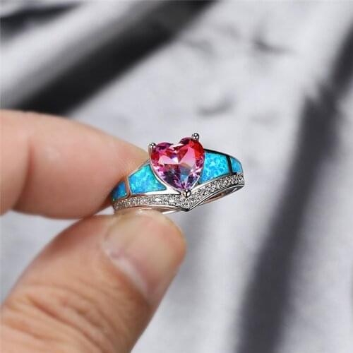 Cute Heart Rainbow Stone Ring Blue Fire Opal Engagement Ring Vintage Silver Color Multicolor Zircon Rings For Women Love Jewelry