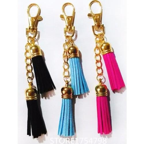 Golden chains Tassel Key Ring Leather Tassel Key Chain 2 Layers Velvet Tassel Keychains Carabiner Women Bag Charming Pendant
