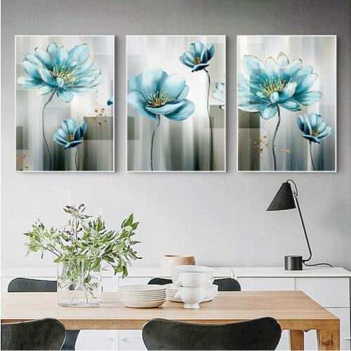 Abstract Blue Flower Canvas Painting Modern baby blue Wall Art Picture for Living Room Gold Print Cuadros Salon Decoracio